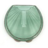 Art Deco silver and green guilloche enamelled compact, hallmarked Birmingham 1934-35, 7.2cm long :