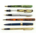 Assorted fountain pens including Parker, Conway Stewart, Sheaffer, with 14ct gold nibs, the