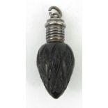 Miniature Victorian carved wooden scent bottle with unmarked silver screw top, 3cm diameter :For