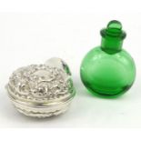 Silver cased green glass scent bottle, indistinctly hallmark for London? 1927-28?, 7cm long :For