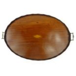 Large Victorian mahogany tray with shell inlay and piecrust edge, 73cm long :For Condition Reports