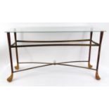 Hall table with golf club design legs and glass top, 69cm high x 127cm wide x 41cm deep : For