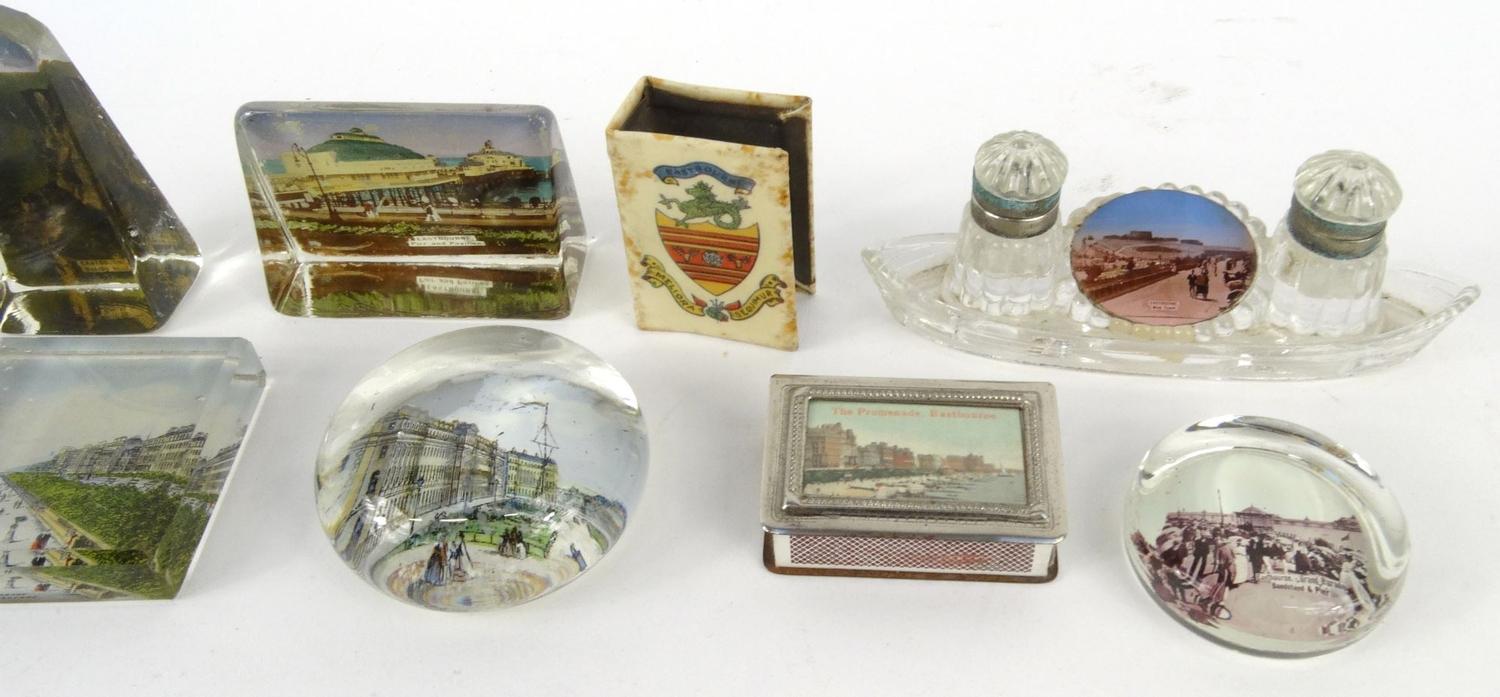 Selection of souvenir glass paperweights from Eastbourne, purse, matchbox holders and a glass ink - Image 2 of 3