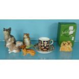 Collectable china including Royal Crown Derby cup and saucer, Royal Doulton dog, Lladro dog, Beswick