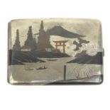 Oriental Japanese sterling silver cigarette case decorated with landscape scenes, 11cm diameter :For