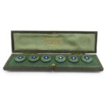 Cased set of six Art Nouveau Liberty & Co silver and enamel buttons, hallmarked Silver L & Co to the