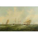 Oil onto canvas view of rigged sailing ships, bearing a signature J.A. Mies? 1883, label to reverse,