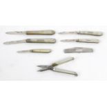 Five silver and mother of pearl fruit knives, silver cased pocket knife and a pair of folding mother