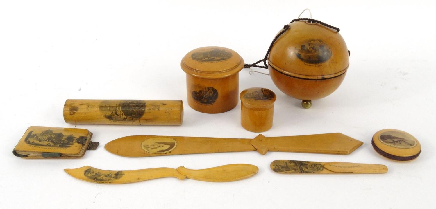 Selection of wooden Mauchlin ware including sewing items, letter openers, string box, etc, the