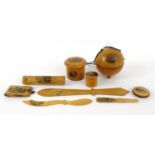 Selection of wooden Mauchlin ware including sewing items, letter openers, string box, etc, the