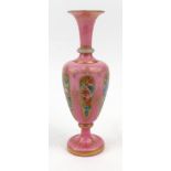 Victorian pink opaline glass vase hand painted with panels of flowers, 24cm high :For Condition