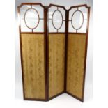 Edwardian inlaid mahogany three fold screen with floral silk panels, 178cm high : For Condition