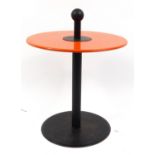 Circular retro orange occasional table with centre sphere handle, approximately 50cm diameter x 65cm