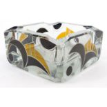 Art Deco glass ashtray with stylised black and yellow flashed panels, 10cm square :For Condition