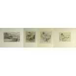 Five Martyn Lack sketches comprising charcoal sketch of a semi clad female playing with cats,