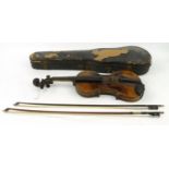 Old wooden cased violin with two bows and paper label for N. Lupotluthier de la Musique de Roi et de