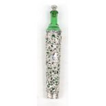 Silver cased green glass bottle with embossed and pierced decoration, S.B Birmingham 1901, 23cm long