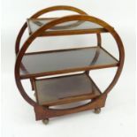 Art Deco mahogany three tier tea trolley, 85cm high x 78cm wide x 39cm deep : For Condition