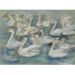 Betty Swanwick - Pastel of swans in a lake, mounted and framed, 34cm x 26cm excluding the mount