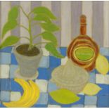 Oil onto board still life of fruit and a flower in a vase after Bryan Pearce, signed, framed, 59cm