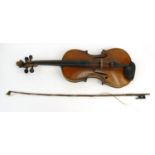 Old wooden cased inlaid violin with bow, the back 38cm long :For Condition Reports please visit