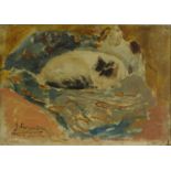 José Jimenez Y Aranda  - Oil onto board of two cats, mounted in a gilt frame, 27cm x 18cm