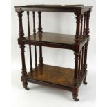 Victorian burr walnut quarter veneered three tier whatnot, 75cm high x 53cm wide x 38cm deep : For