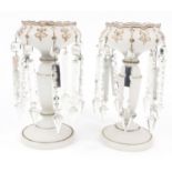 Victorian pair of opaline glass lustres with clear cut crystal drops and gilt swag design, 28cm high