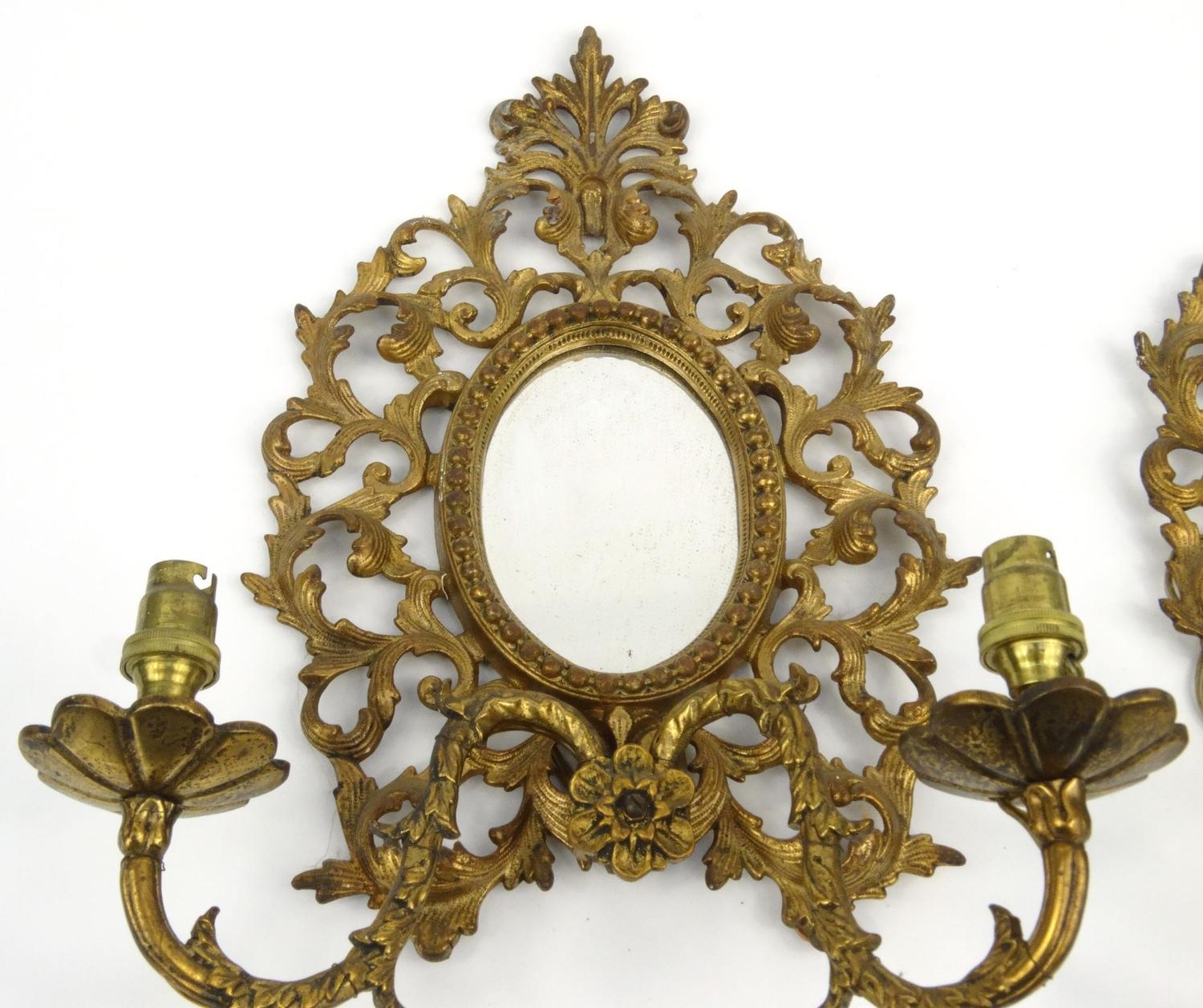 Pair of Victorian gilt brass girondelle mirrors with floral scrolls  each 35cm high :For Condition - Image 2 of 3