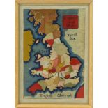 Victorian woolwork sampler of the map of England and Wales, mounted in a frame, paper label to