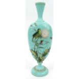 Victorian blue opaline glass vase, hand enamelled with birds amongst flowers, 34cm high :For