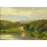 Frank Baker - The Silent River -Oil onto canvas laid onto board of a river and landscape, mounted in