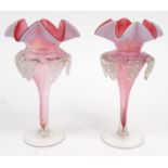 Pair of Victorian pink and white opaline fluted glass vases, 19cm high :For Condition Reports please