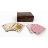 Victorian fern work wooden card box with a selection of playing cards, 15cm diameter :For