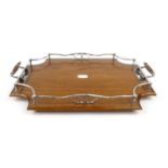 Edwardian oak tray with silver plated gallery , 57cm wide including the handles :For Condition
