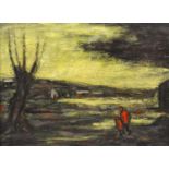 Oil onto canvas view of figures on a winter night, unsigned, bearing a inscription to the reverse,