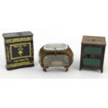 Novelty cast iron moneybox in the form of a safe, brass jewellery box with souvenir scene top and