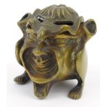 Victorian brass devils head inkwell with china glass liner, 10cm high :For Condition Reports