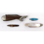 Novelty penknife in the form of a lady's leg, silver mother of pearl penknife, tortoiseshell and a