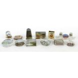 Selection of souvenir glass paperweights from Eastbourne, purse, matchbox holders and a glass ink