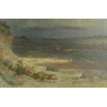 Janis Rikmanis 1936 - Kegums Coastal Scene - Oil onto canvas with canoeists, mounted in a gilt