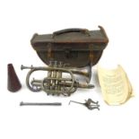 Floral chased silver plated trumpet, housed in original canvas and leather carrying case, 35cm