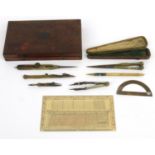 Mahogany drawing instrument box with silver plated divides, boxed brass divide and a Carey Messum
