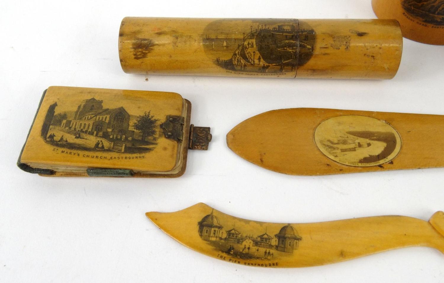 Selection of wooden Mauchlin ware including sewing items, letter openers, string box, etc, the - Image 3 of 4