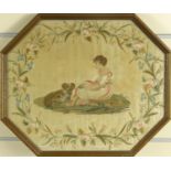 Early Victorian silkwork panel of a young girl with a dog, Andrew Duthi Ltd label to back, 46cm