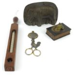 Novelty interest tinplate elephant jelly mould, numbered 8304, mahogany thermometer, pair of