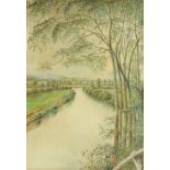 A. Parry- Bevere Nr Worc 1907- Watercolour of a riverside with trees, mounted in an oak frame,