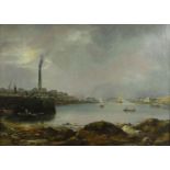 Oil onto canvas view of a harbour scene with boats in the foreground, gilt framed, 67cm x 50cm