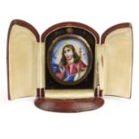 Enamelled icon housed in a red leather case, the icon 5.5cm high including the mount :For