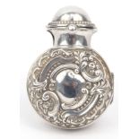 Embossed silver cased glass scent bottle, hallmarked Birmingham 1901-02, 7cm high :For Condition